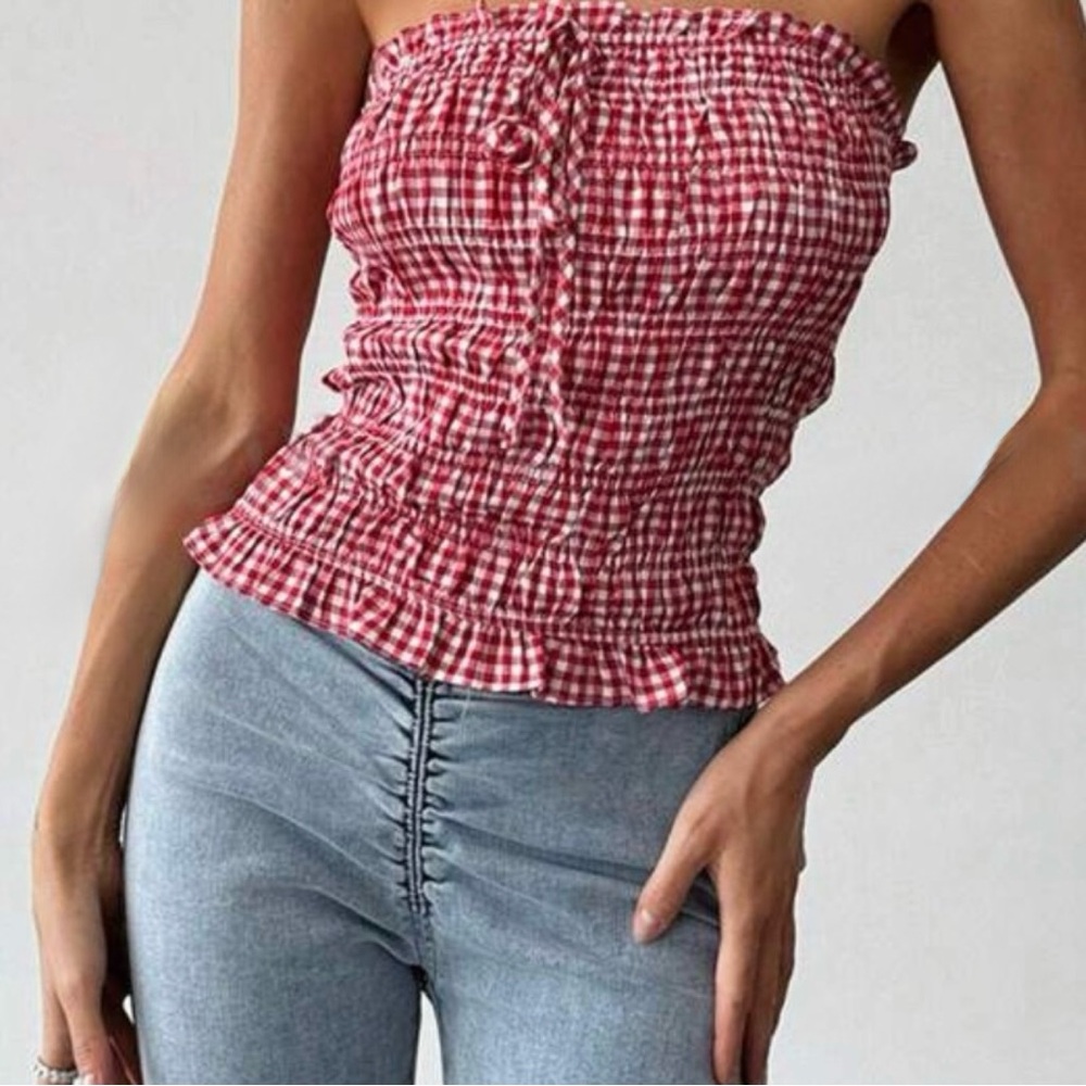 Red Gingham Smocked Tube Top